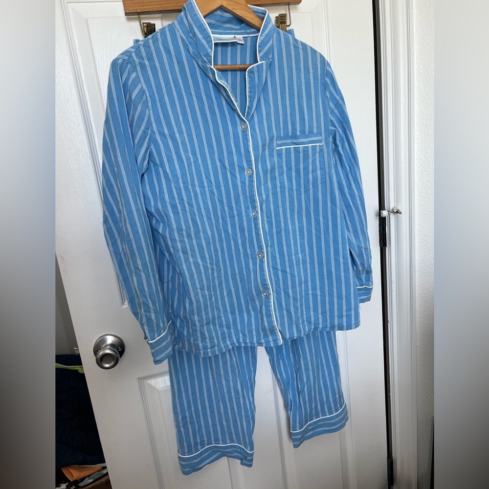 Size large Vintage National blue and white striped two piece pajamas.